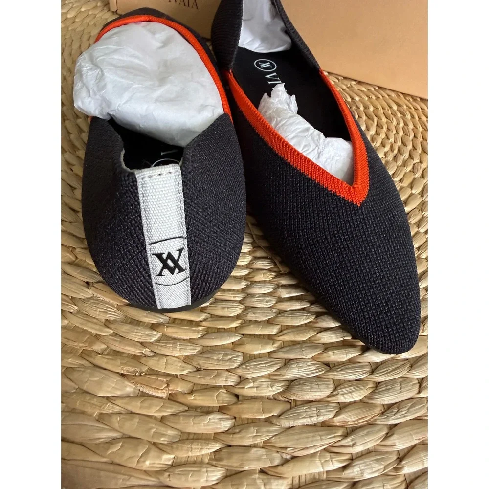 VIVAIA Chic Black Knit Pointed Flats with Bold Orange V-Cut Trim EU/35.5‎ US/5.5